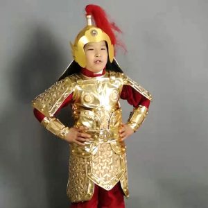 Children's Ancient General Golden Armor Helmet Suit, Three Kingdoms Stage Prop Costume