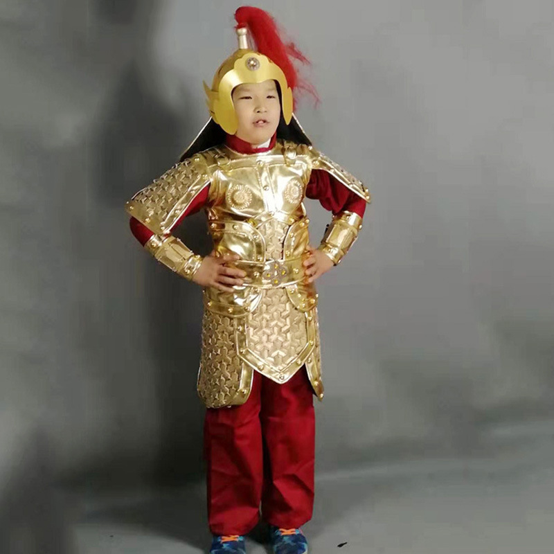 Children's Ancient General Golden Armor Helmet Suit, Three Kingdoms Stage Prop Costume - Image 4