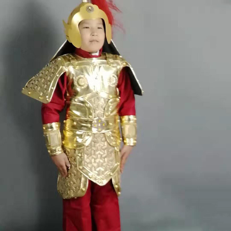Children's Ancient General Golden Armor Helmet Suit, Three Kingdoms Stage Prop Costume - Image 2