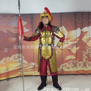 Ancient Chinese Golden Armor Replica Wearable Film Prop with Eighteen Weapons Display