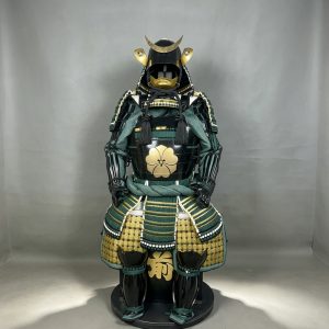 Japanese-style Martial Armor Set in Green and Gold with Cherry Blossom Crest and Crescent Front Helmet