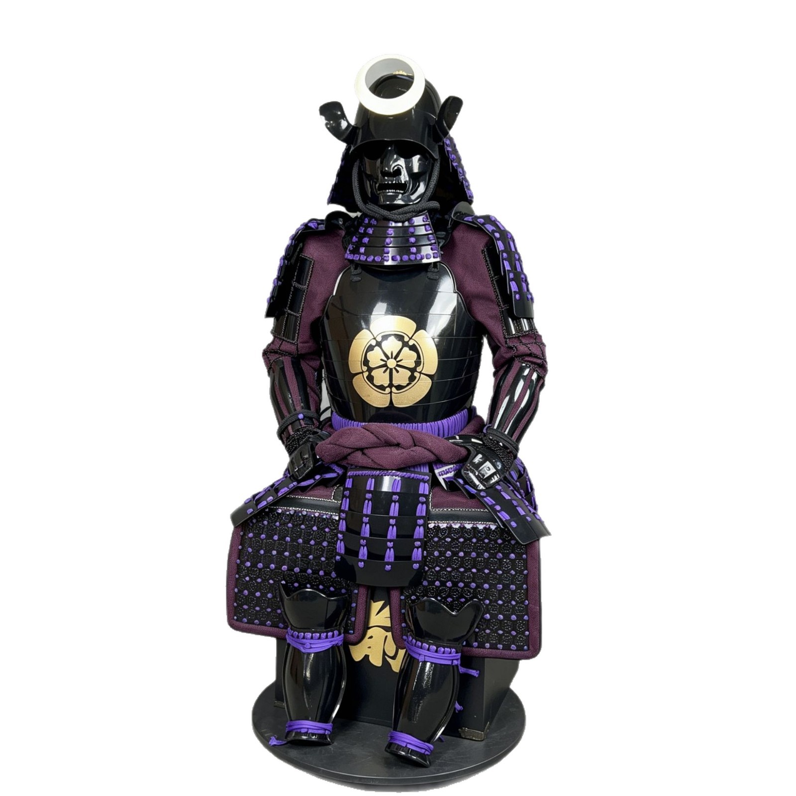 Black and Purple Japanese-Style Samurai Armor with Golden Cherry Blossom Crest, Display Suit - Image 5