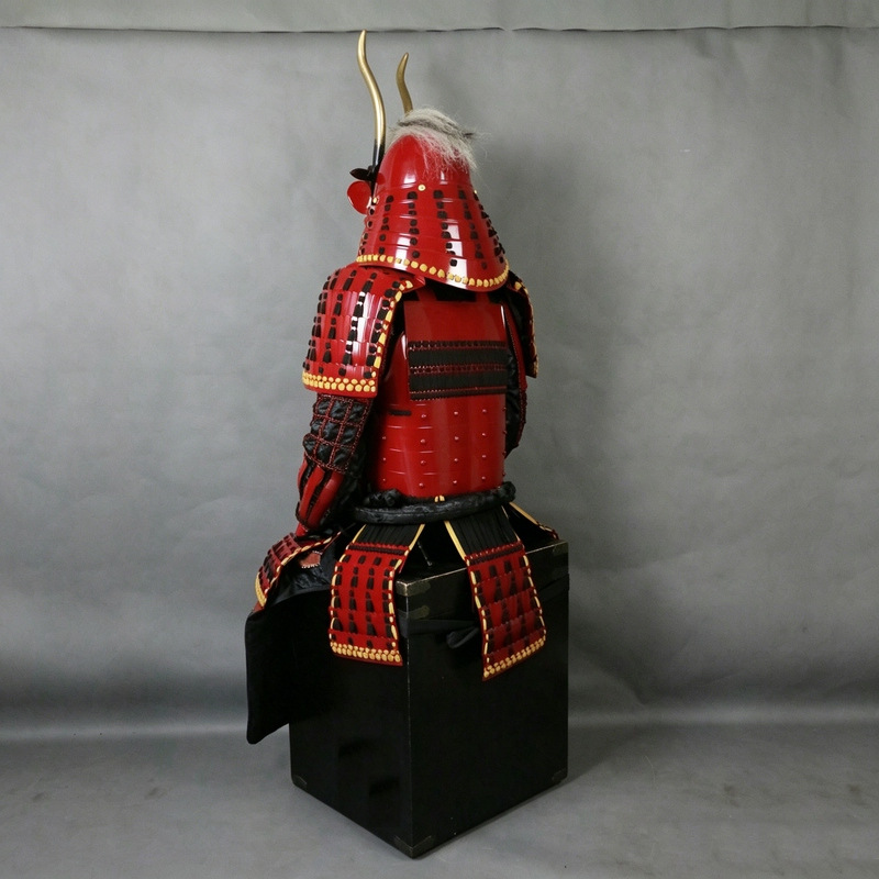 Handmade Double-Horned Samurai-Style Helmet with Red-Painted Finish and Ghost Face Design - Image 3