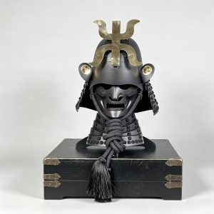 Samurai Kabuto Helmet Replica with Black and Gold Menpo Mask, Decorative Display Ornament