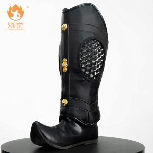 Chinese-Style Fish Scale Leg Armor Greaves, Handmade Leather Film Prop, Black-Red Trim