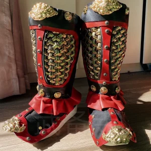 Golden chainmail hanging greaves with layered leather mud-guard scales armor greaves Chinese armor mud-guard scales