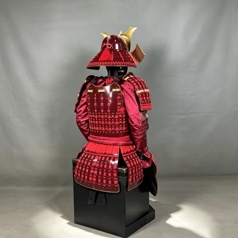 Burgundy Japanese-style Samurai Armor Display Replica, Iron Construction, Wooden Crate Packaging - Image 4