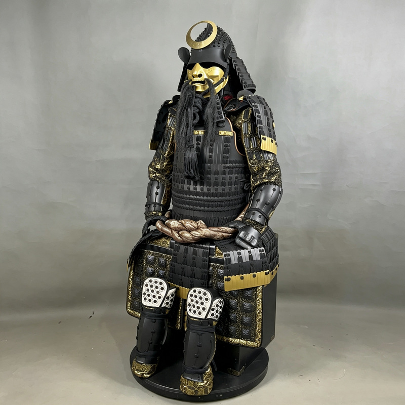 Black and Gold Brocade Japanese Samurai Armor Replica Display Suit with Wooden Crate Packaging - Image 2