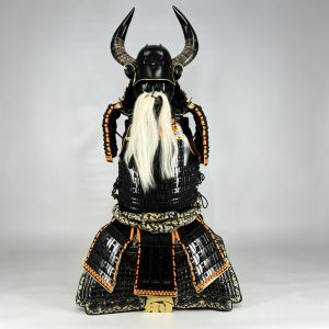 Long White-Haired Ghost Face Japanese Samurai Armor Replica with Horned Kabuto Helmet, Floor-Standing Decorative Ornament
