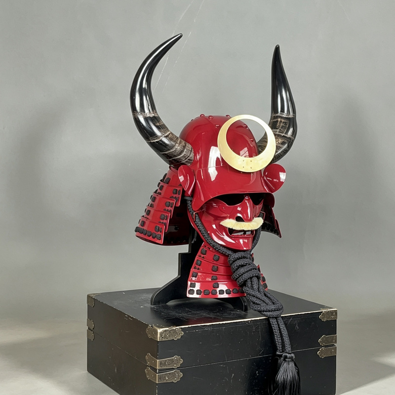 Red Horned Japanese Samurai Helmet with Ghost Mask, Iron Display Prop - Image 2
