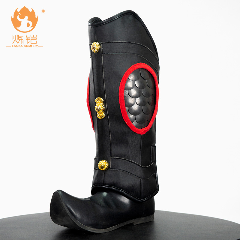Chinese-Style Fish Scale Leg Armor Greaves, Handmade Leather Film Prop, Black-Red Trim - Image 3