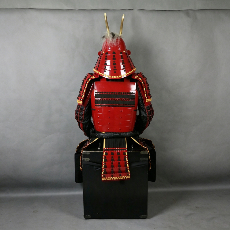 Handmade Double-Horned Samurai-Style Helmet with Red-Painted Finish and Ghost Face Design - Image 4