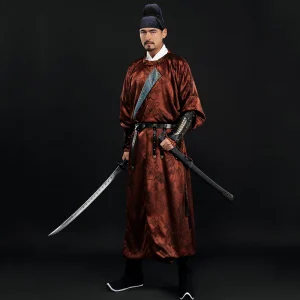 Authentic Original Tang-Style Quekua / Round-Collar Robe, Restored Jacquard Satin Unisex Hanfu