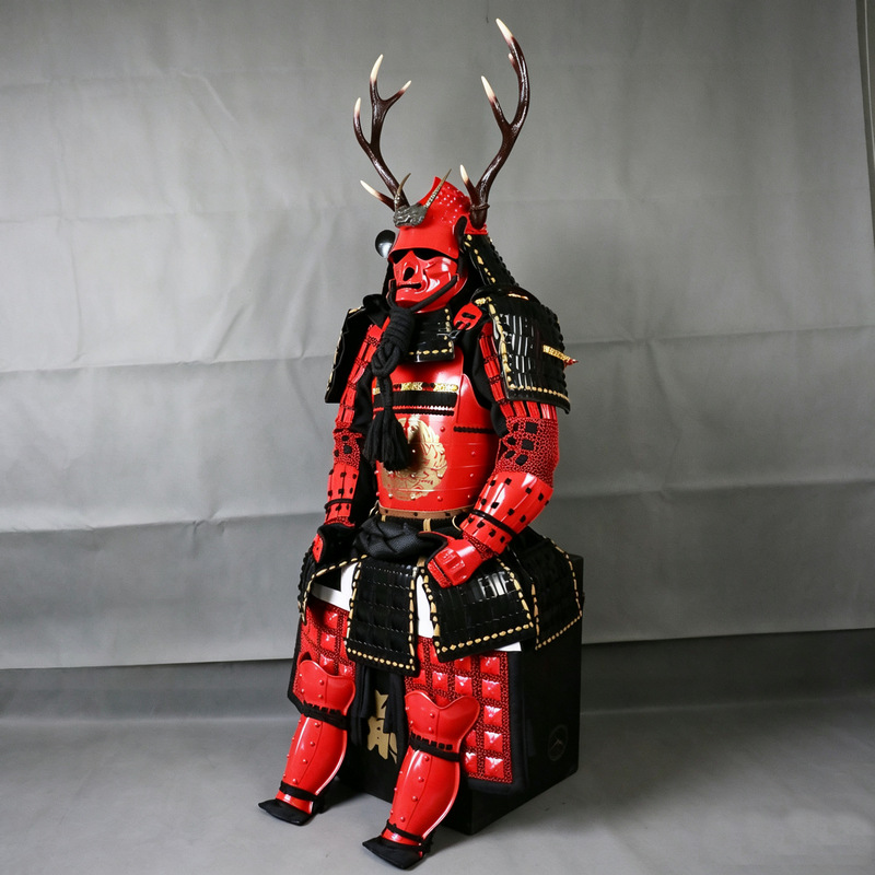 Japanese Sengoku-Period Warlord-Style Samurai Armor, Red Wearable Replica with Wooden Storage Box - Image 2