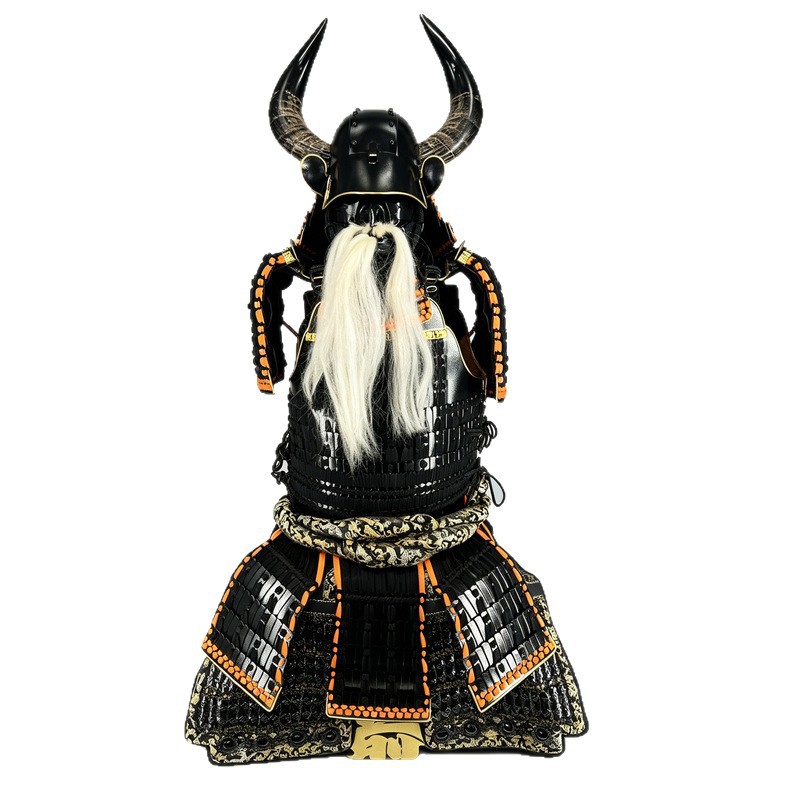 Long White-Haired Ghost Face Japanese Samurai Armor Replica with Horned Kabuto Helmet, Floor-Standing Decorative Ornament - Image 5