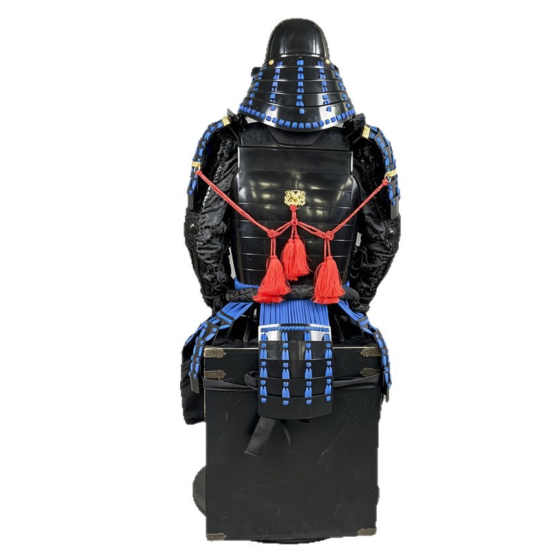 Hand-reproduced Black Samurai Armor Set with Golden Family Crest Kabuto Helmet for Display - Image 5