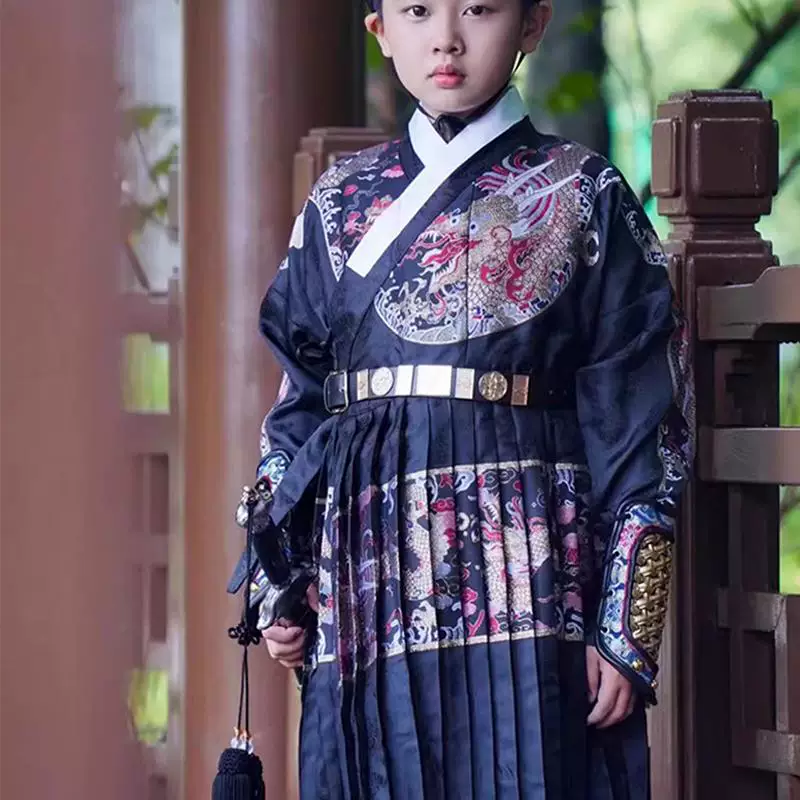 Ming-Style Kids Gold-Woven Zhuanghua Feiyufu, Jinyiwei Hanfu Yesa/Tieli Grand Ceremony Runway Look - Image 3