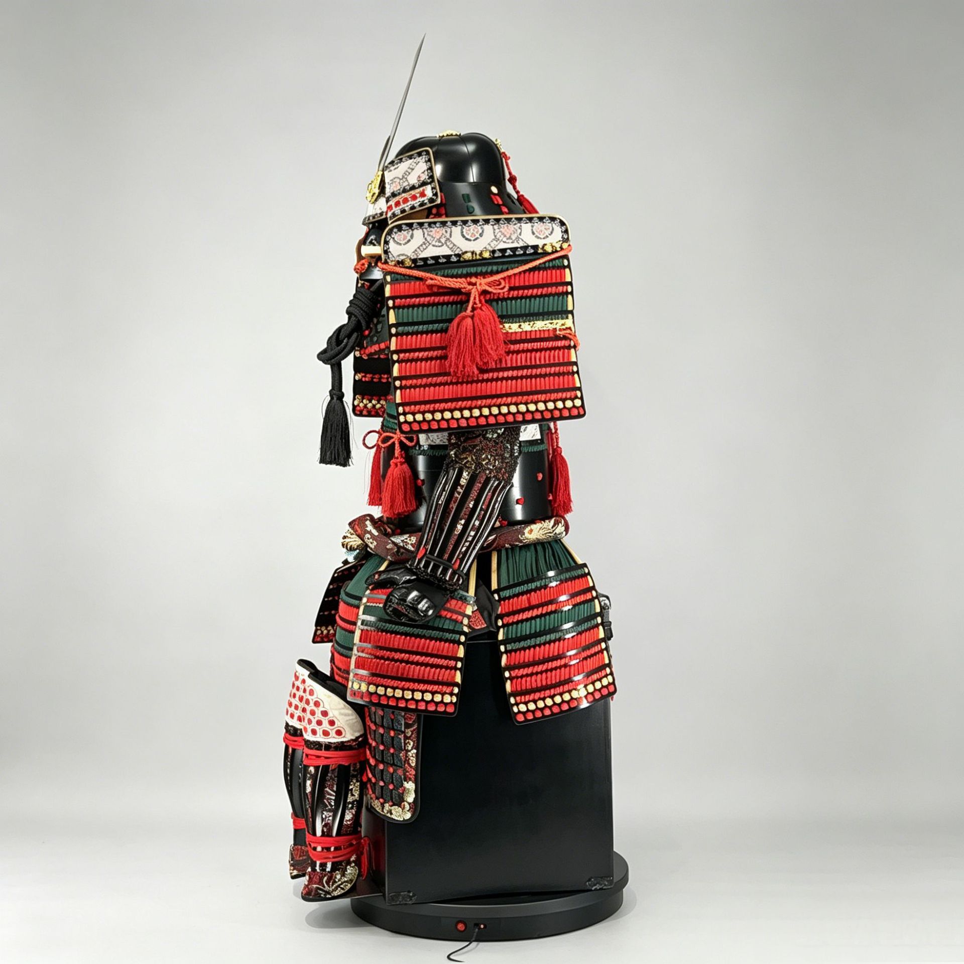 Japanese Samurai Armor Floor Decoration Replica, Red-Black-Gold Brocade with Gold-Horned Kabuto Helmet - Image 2