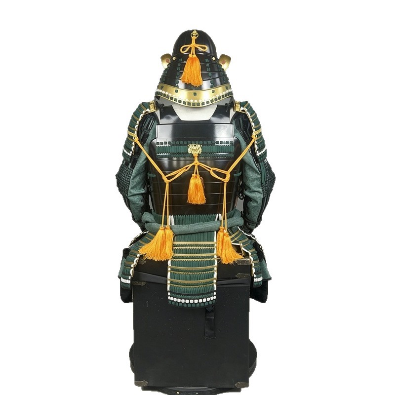 Japanese-style Martial Armor Set in Green and Gold with Cherry Blossom Crest and Crescent Front Helmet - Image 5