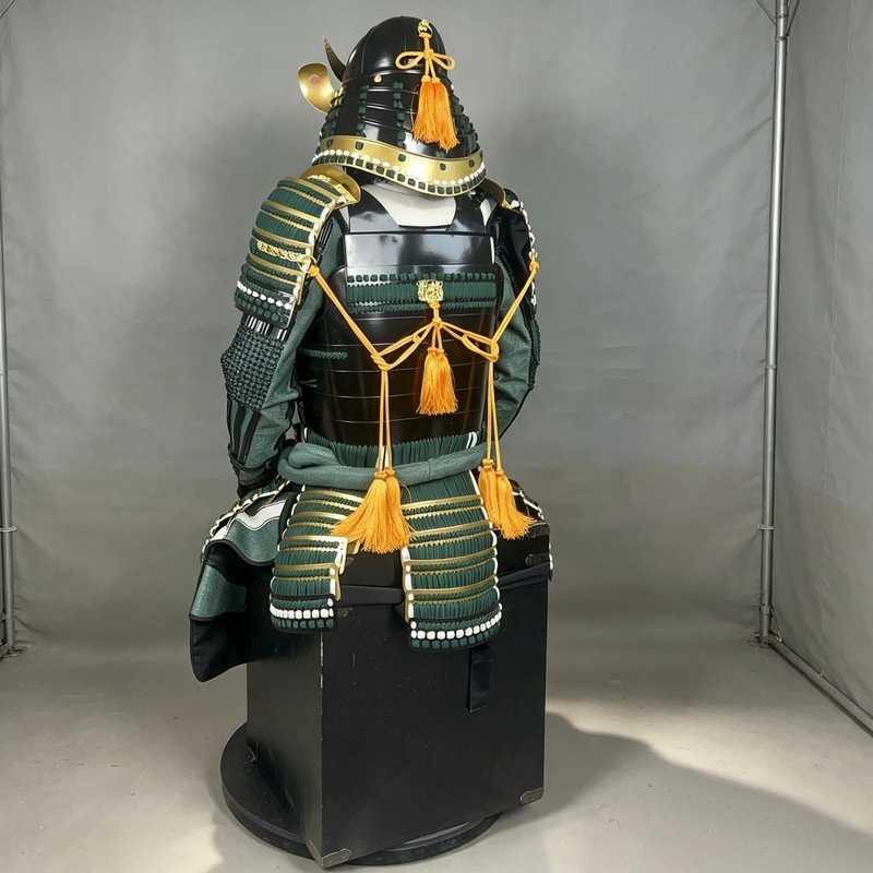 Japanese-style Martial Armor Set in Green and Gold with Cherry Blossom Crest and Crescent Front Helmet - Image 4