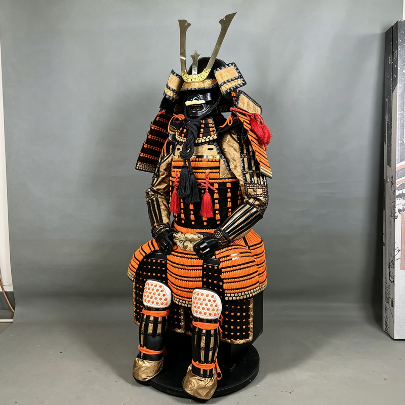 Orange and Black Japanese-style Warring States Samurai Armor Display Statue - Image 2