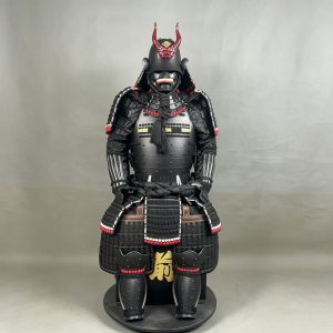 All-Black Japanese Samurai Armor Set with Red Bull Horn Mask, Display Replica