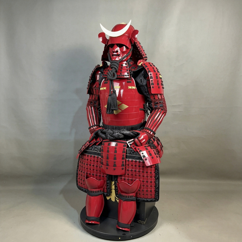 Bright Red Japanese Samurai Armor Full Set with Crescent Maedate Kabuto Helmet Display Replica - Image 2