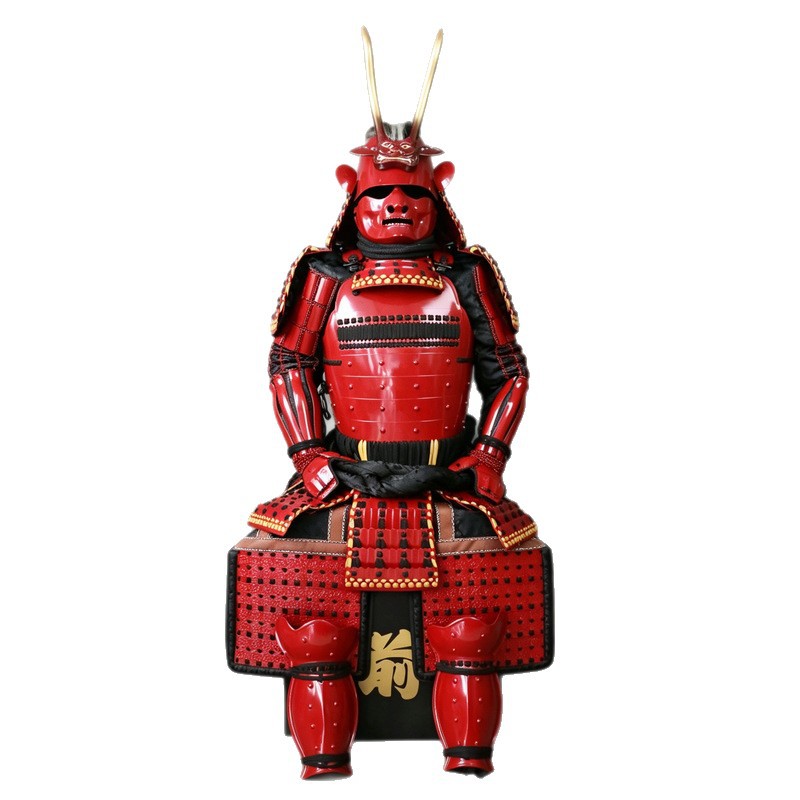 Japanese-Style Red Samurai Armor Set with Black and Gold Rope Waistband and Golden Horns - Image 5