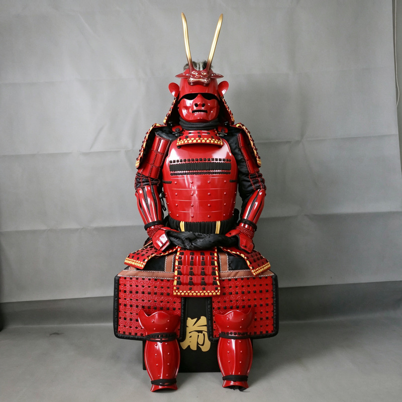 Japanese-Style Red Samurai Armor Set with Black and Gold Rope Waistband and Golden Horns - Image 4