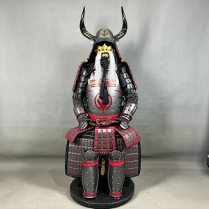 Japanese-Style Samurai Full-Body Armor Replica, Silver-Gray with Red Corded Kabuto Helmet and Bearded Menpo Face Shield