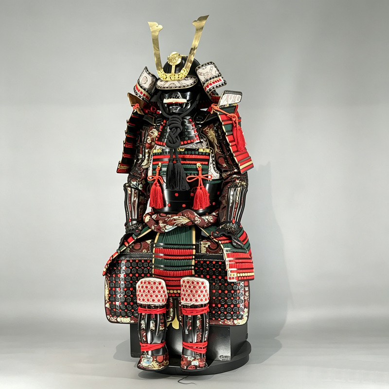 Japanese Samurai Armor Floor Decoration Replica, Red-Black-Gold Brocade with Gold-Horned Kabuto Helmet - Image 5
