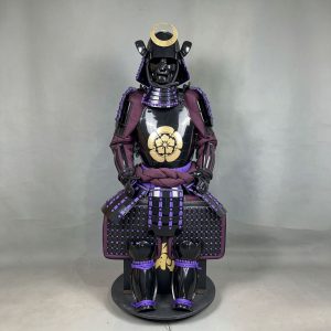 Black and Purple Japanese-Style Samurai Armor with Golden Cherry Blossom Crest, Display Suit