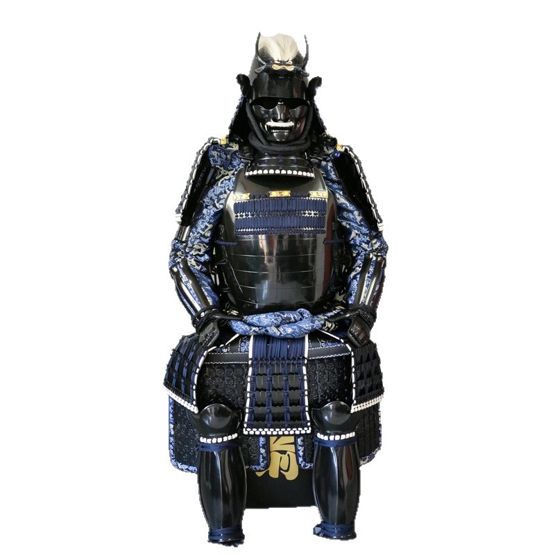 Japanese-style Navy Blue Floral Fabric Ghost Horn Samurai Armor Replica, Wearable Display Suit - Image 5