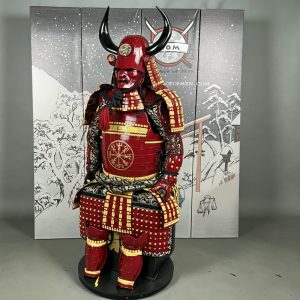 Vintage Red and Gold Ox Horn Japanese Samurai Armor Set Replica for Display and Cosplay