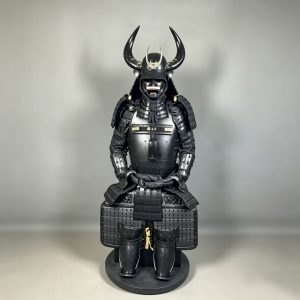 Matte Black Samurai Full Body Armor Replica with Horned Demon Mask, Traditional Japanese Style, Floor Display Ornament