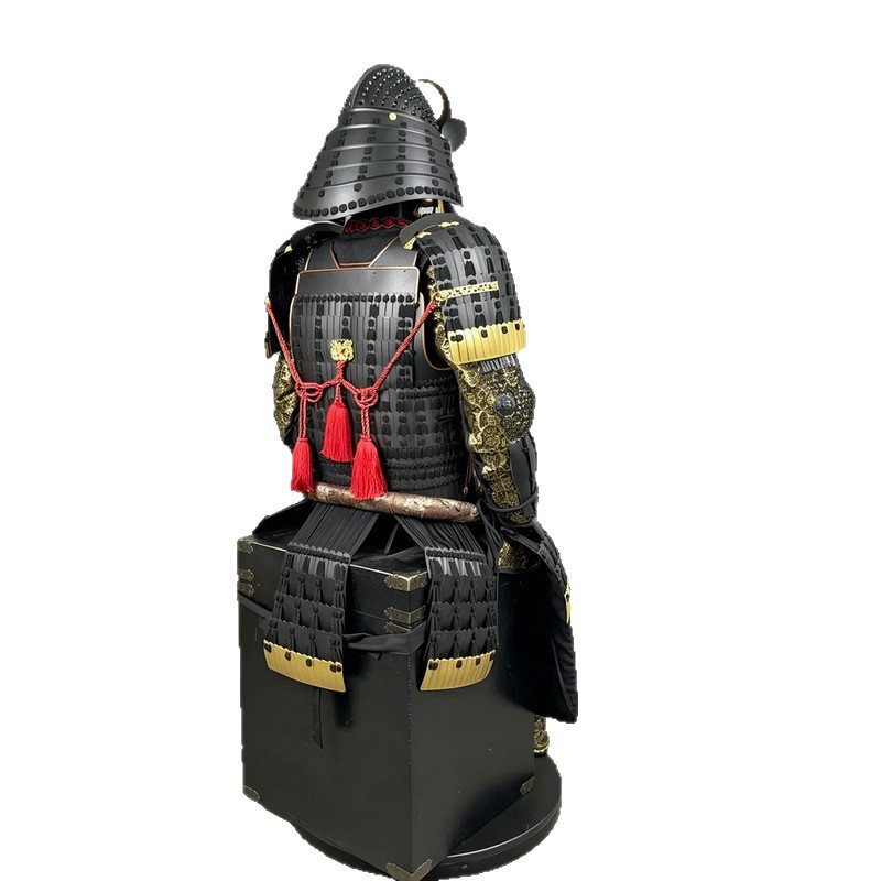 Black and Gold Brocade Japanese Samurai Armor Replica Display Suit with Wooden Crate Packaging - Image 5