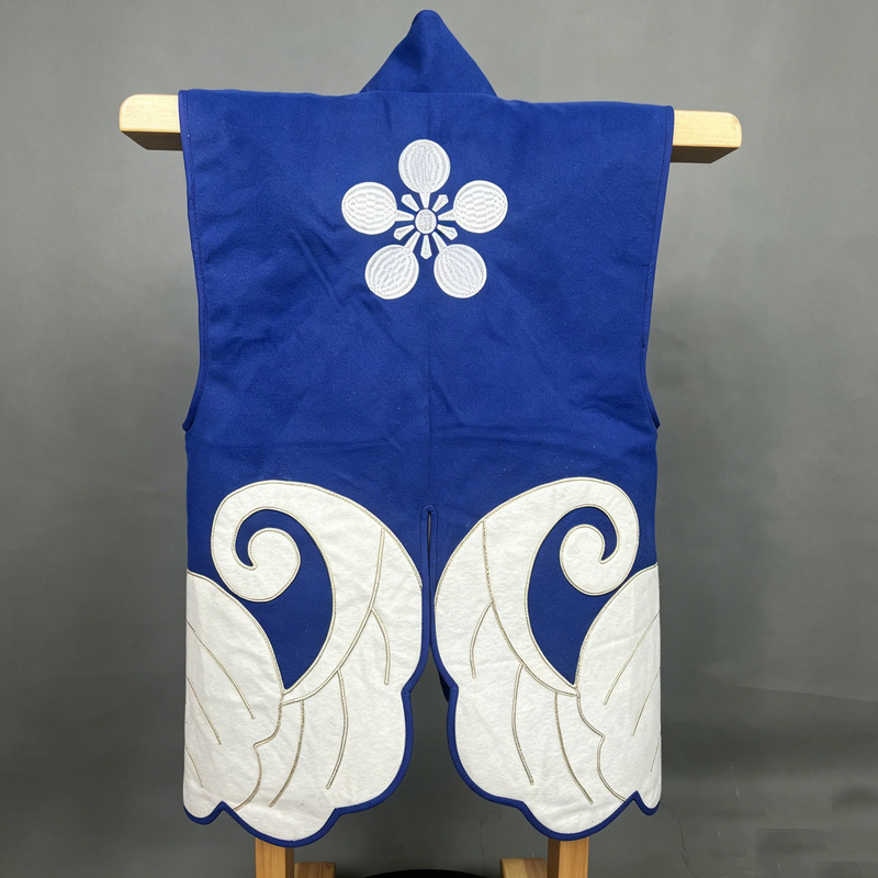 Japanese-Style Jinbaori-Inspired Wave Embroidery Vest, Blue Base, White Cloud Appliqué, Wave Hem - Image 3