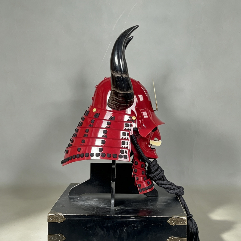 Red Horned Japanese Samurai Helmet with Ghost Mask, Iron Display Prop - Image 3