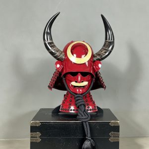 Red Horned Japanese Samurai Helmet with Ghost Mask, Iron Display Prop