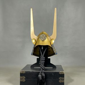 Japanese Sengoku-Period Style Golden Horned Samurai Helmet Replica, Iron Display Ornament for Exhibition and Film Props