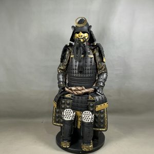 Black and Gold Brocade Japanese Samurai Armor Replica Display Suit with Wooden Crate Packaging