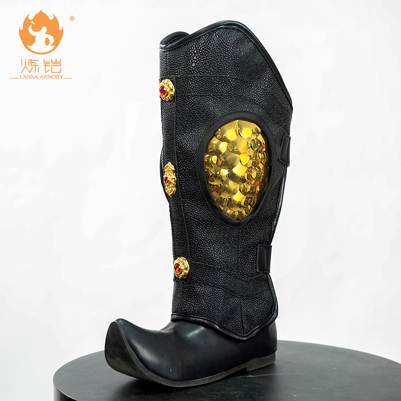 Chinese-Style Fish Scale Leg Armor Greaves, Handmade Leather Film Prop, Black-Red Trim - Image 5