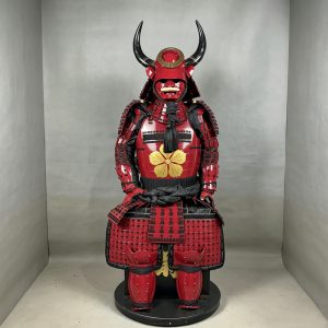 Red Horned Japanese-Style Samurai Kabuto Helmet with Family Crest, Iron Display Armor