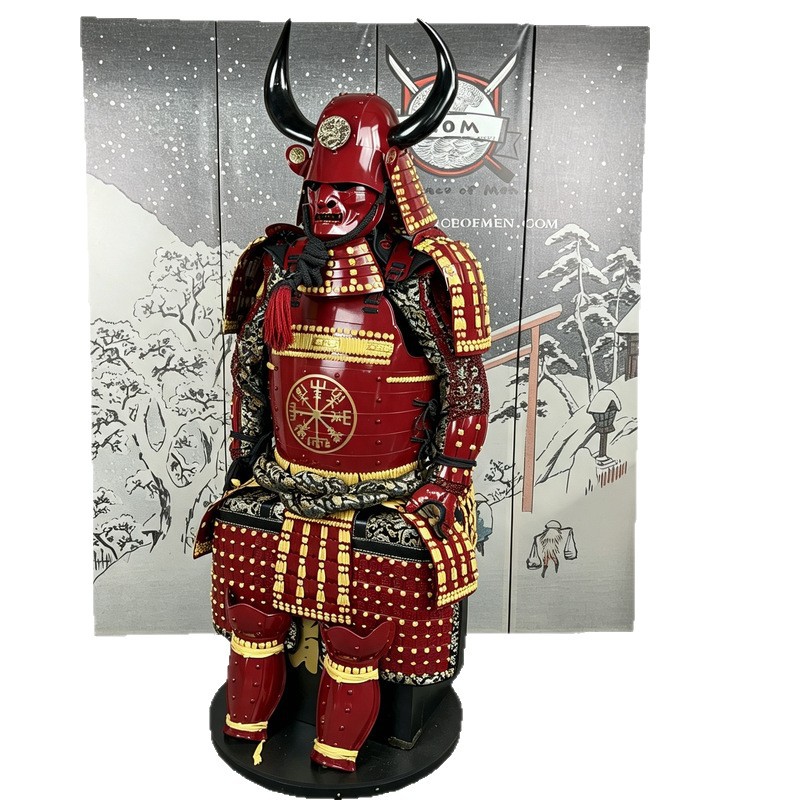 Vintage Red and Gold Ox Horn Japanese Samurai Armor Set Replica for Display and Cosplay - Image 5