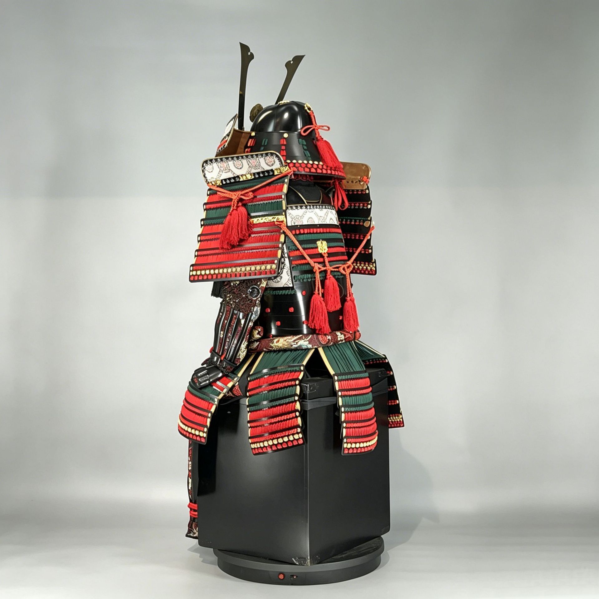 Japanese Samurai Armor Floor Decoration Replica, Red-Black-Gold Brocade with Gold-Horned Kabuto Helmet - Image 3