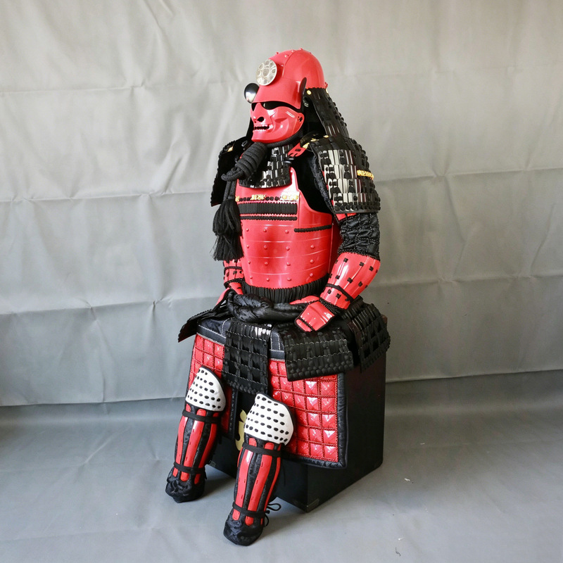 Red Samurai Full Armor Set with Round Gold-Pattern Helmet, Iron Construction, Ghost Face Design, Display Prop - Image 2
