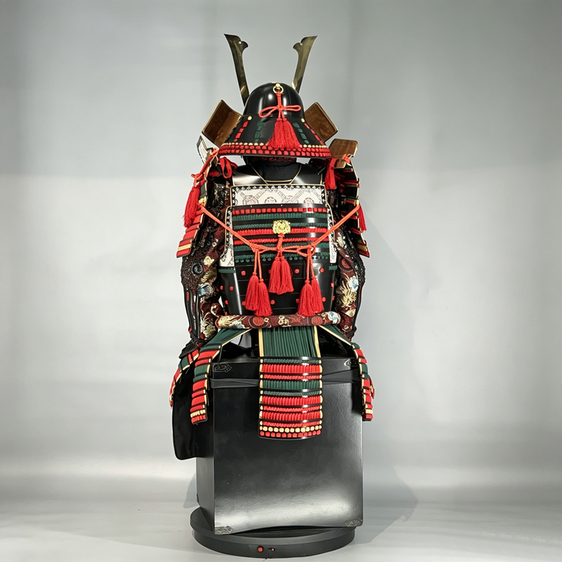 Japanese Samurai Armor Floor Decoration Replica, Red-Black-Gold Brocade with Gold-Horned Kabuto Helmet - Image 4