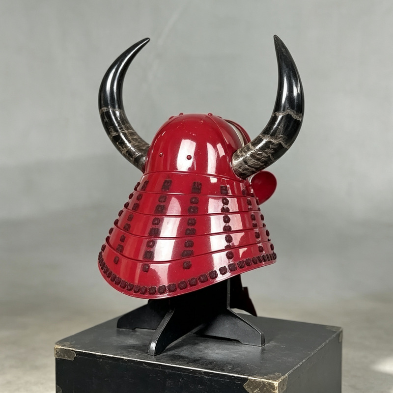 Red Horned Japanese Samurai Helmet with Ghost Mask, Iron Display Prop - Image 4