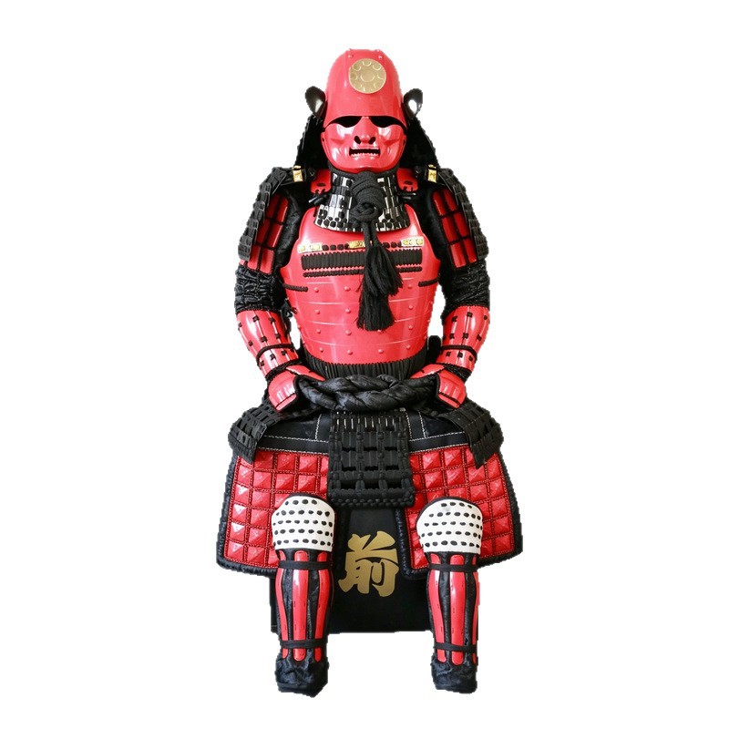 Red Samurai Full Armor Set with Round Gold-Pattern Helmet, Iron Construction, Ghost Face Design, Display Prop - Image 5