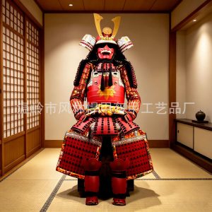 Life-Size Japanese Samurai Armor Replica, Metal, Wearable, Wine Red, 175 cm